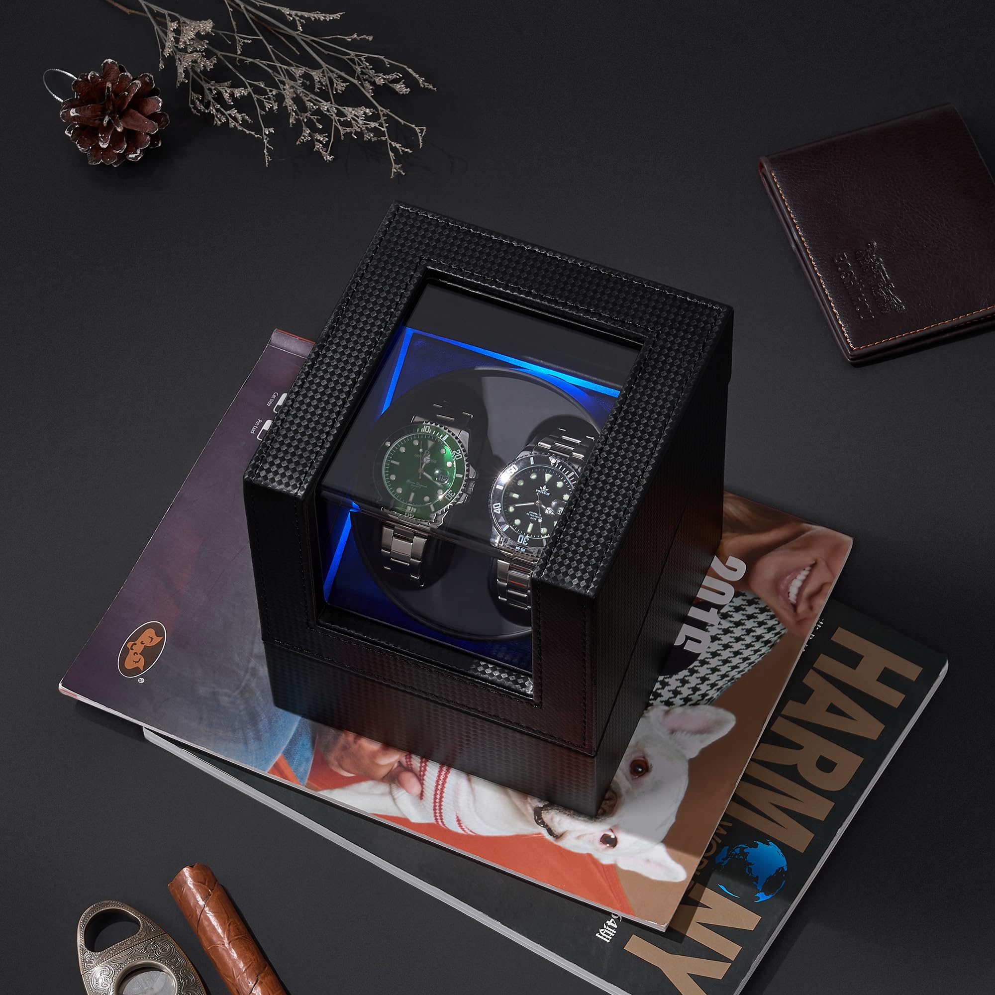 ANWBROAD Double Watch Winder for Automatic Watches Watch Rotator with Super Quiet Motor Flexible Watch Pillows LED Backlight Watch Turner Watch Shaker 5 Modes Battery or USB UJWW001C