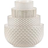 KooK Ceramic Mixing Bowls, Nesting Set of 4, Embossed Kitchen Dishware, Prep, Serving, Gift, Microwave and Dishwasher Safe, 20/44/98/145 oz, Narbonne Collection (Ivory)