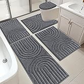 HEBE Bathroom Rugs Set 5 Piece, Plush Absorbent Bath Mats for Bathroom, Non Slip Machine Washable Bath Mat Set with Toilet Cover, Bath Runner and U-Shaped Contour Toilet Rug, Dark Grey