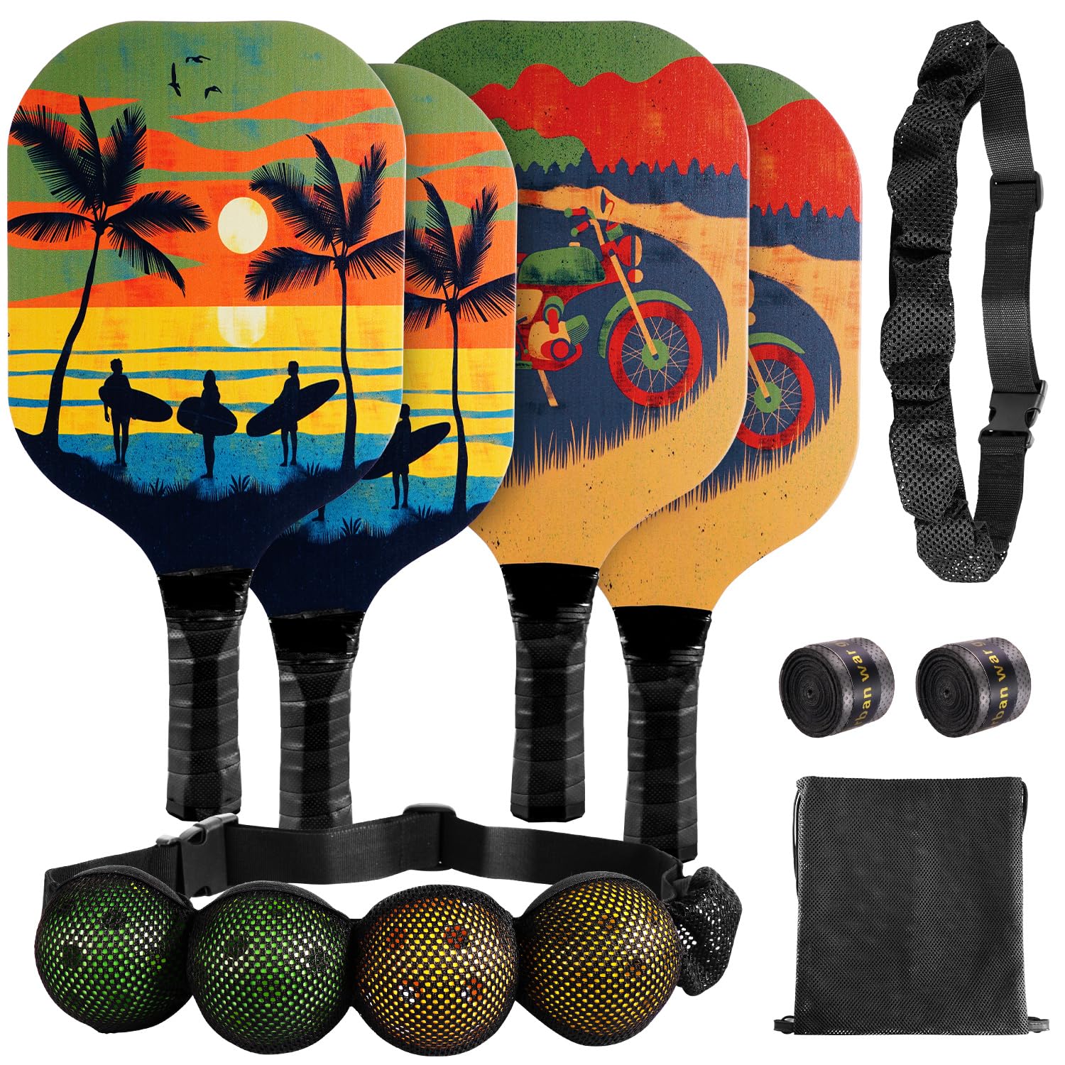 Pookal Pickleball Set of 4: 4 Premium Wood Paddles, 4 Balls, 2 Grips, 2 Belts & Carry Bag for Adults (Southwest Pattern)