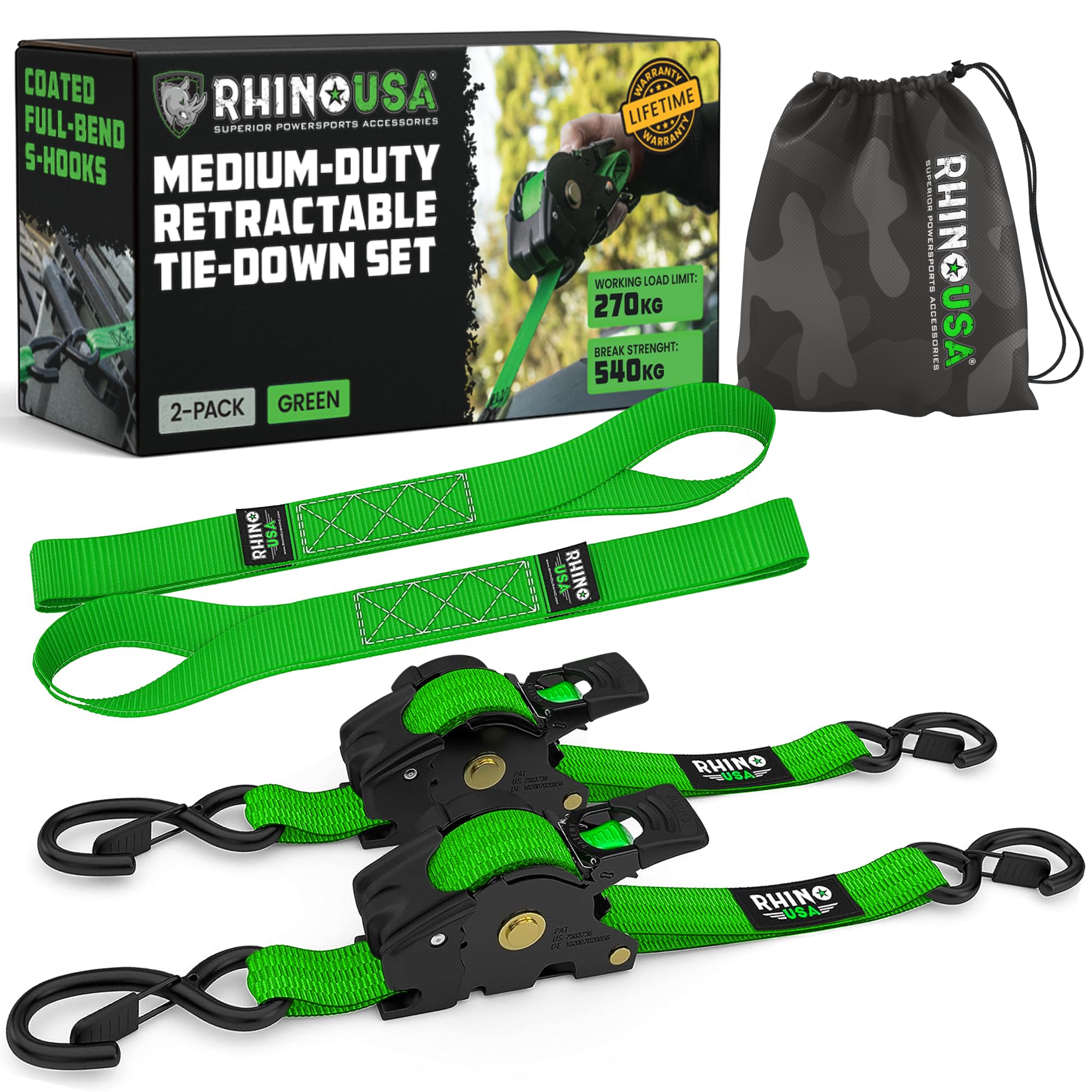 Rhino USA Retractable Ratchet Straps (2-Pack) - 2.5cm x 3m (540kg Break Strength) - Medium Duty Auto Self-Retracting Tie Down Straps for Truck, Cargo Trailer, Motorcycle, Bike & More - Green