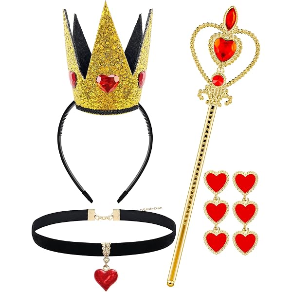 Accesorios de disfraz de reina, juego de 5 accesorios de princesa, juego de disfraz de reina de corazón rojo con corona de varilla, collar de corazón, pendientes para mujeres y niñas, para Accesorios de disfraz de reina, juego de 5 accesorios de princesa, juego de disfraz de reina de corazón rojo con corona de varilla, collar de corazón, pendientes para mujeres y niñas, para
