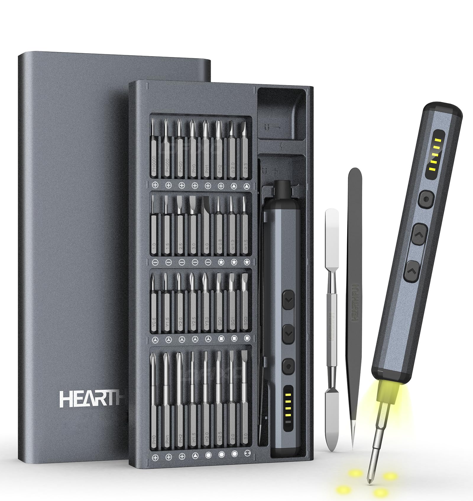 電動ドライバー 小型 精密ドライバー トルクス マイナス 三角 六角 プラス 星型 y字 switch カメラ スマホ 修理 ペン型 差し替えドライバー 時計 メガネ mac ps4 hdd パソコン iphone 分解工具 USB-C充電式 4 LEDライト付き 正逆転切替 5段シフト可能 S2素材商品画像