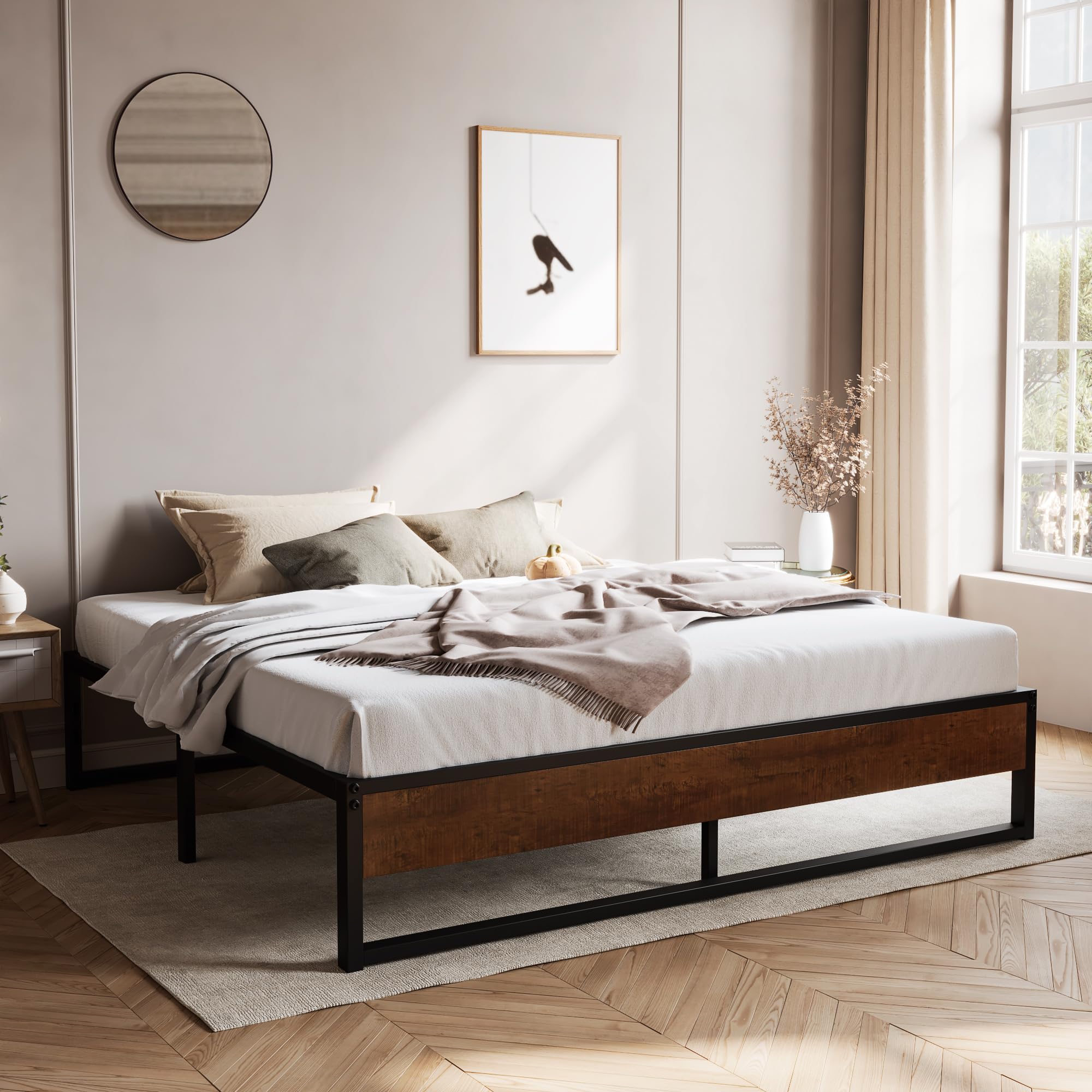 SHA CERLIN 14'' King Size Metal Platform Bed Frame with Rustic Wood & Reverse Holes/Ample Under-Bed Storage Space/Mattress Foundation/No Box Spring Needed/Easy Assembly Image SHA CERLIN 14'' King Size Metal Platform Bed Frame with Rustic Wood & Reverse Holes/Ample Under-Bed Storage Space/Mattress Foundation/No Box Spring Needed/Easy Assembly Image