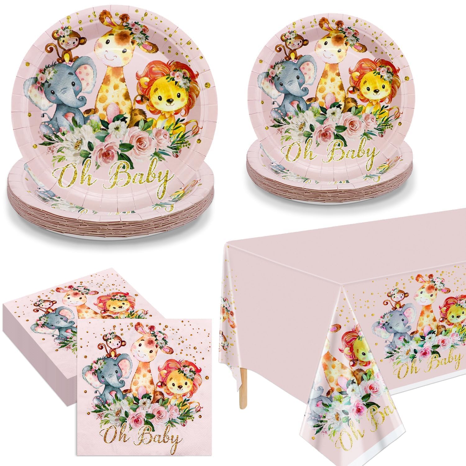 PTECDROTS Safari Baby Shower Decorations - Pink Oh Baby Decorations Includes Baby Shower Plates and Napkins, Safari Tablecloth for Jungle Theme Baby Shower Decor Supplies, Serve 20, XX-4