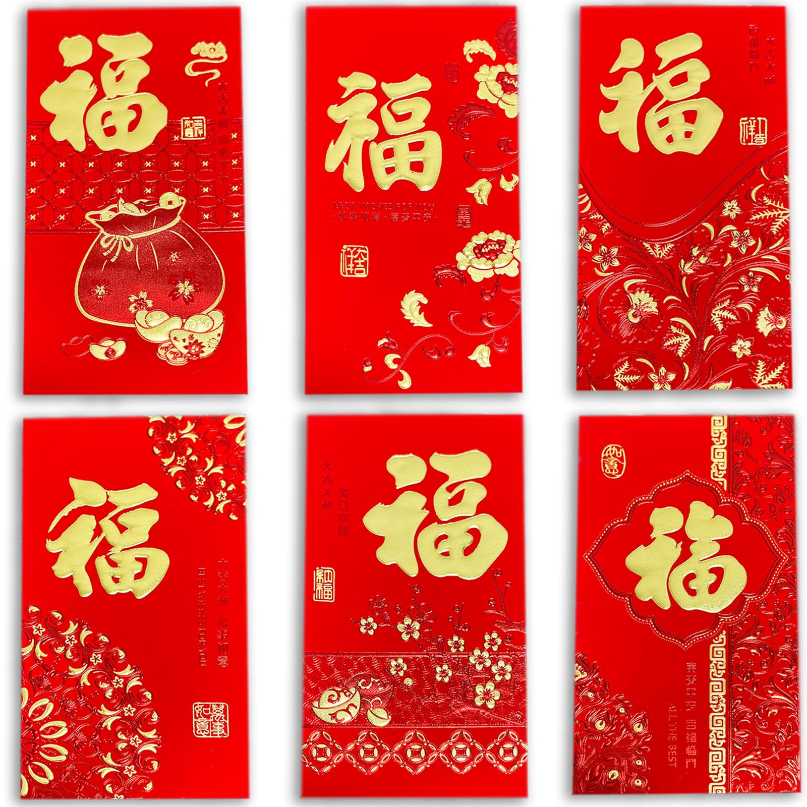Photo 1 of 36pcs Red Envelopes Chinese New Year, Chinese Envelopes for Money 2026 Lunar New Year of The Horse, Lucky Money Red Packets HongBao with 6 Different Gold Foil Fu Designs for Spring Festival, Large