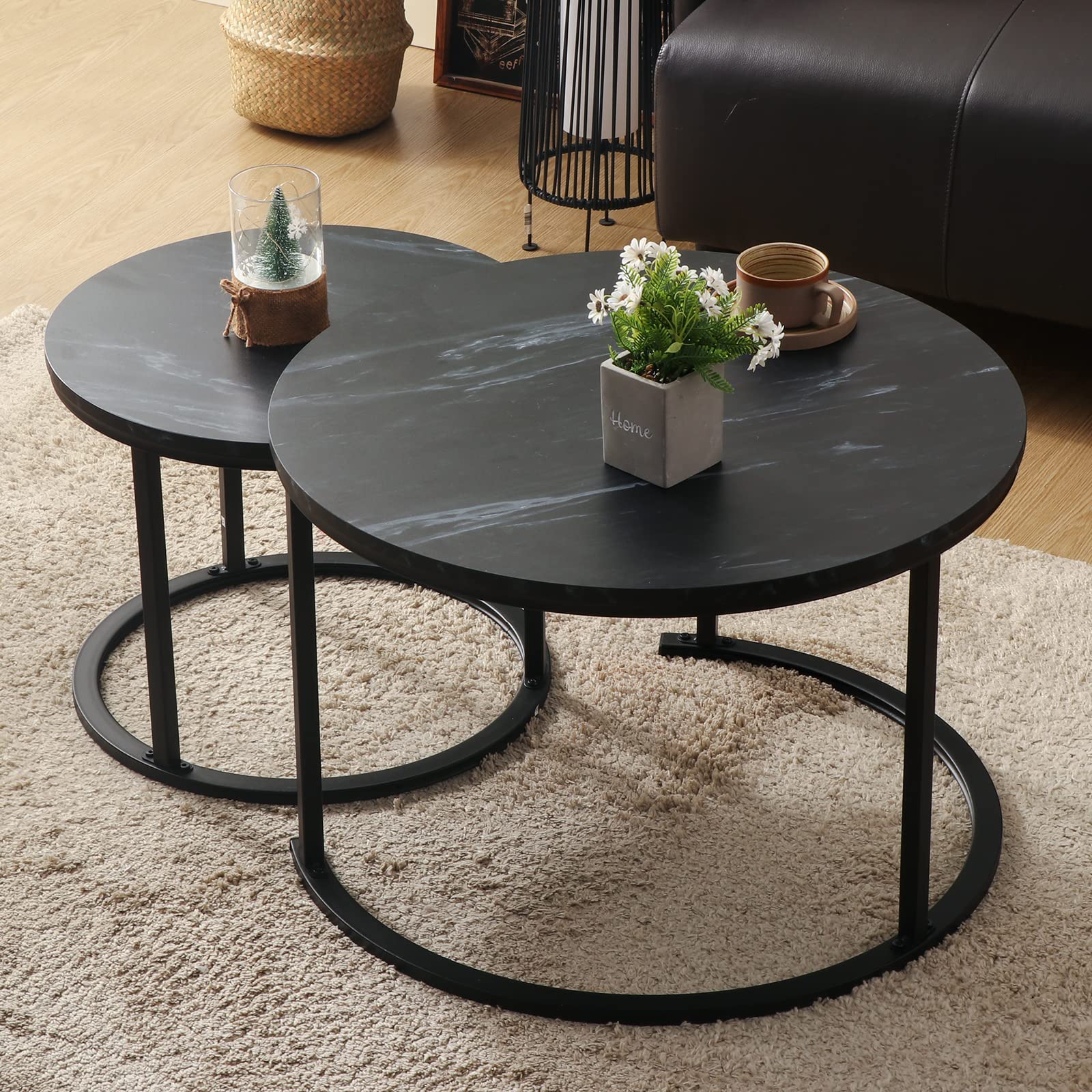 Photo 1 of KAHOO Round Nesting Coffee Table 27" Wood and Metal Stacking Coffee Tables for Compact Spaces, Black/White