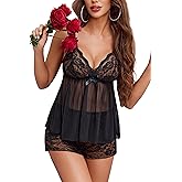 Avidlove Women's Floral Lace Lingerie Pajama Set,Sexy Sheer Mesh V-Neck Halter Cami and Shorts 2 Piece Sleepwear Set