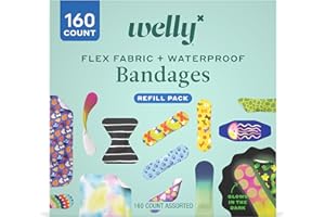 Welly Bandage Large Refill Pack | Adhesive Flexible Fabric, Glow-in-The-Dark & Waterproof Bandages | Assorted Shapes and Patterns for Minor Cuts, Scrapes, and Wounds - 160 Count