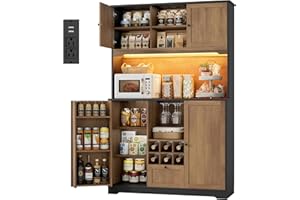 FINETONES 71" Pantry Cabinet with LED Light and Charging Station, Kitchen Pantry Cabinet with Microwave Stand, Kitchen Hutch Food Storage Cabinet with Outlet and Wine Racks, Black/Brown