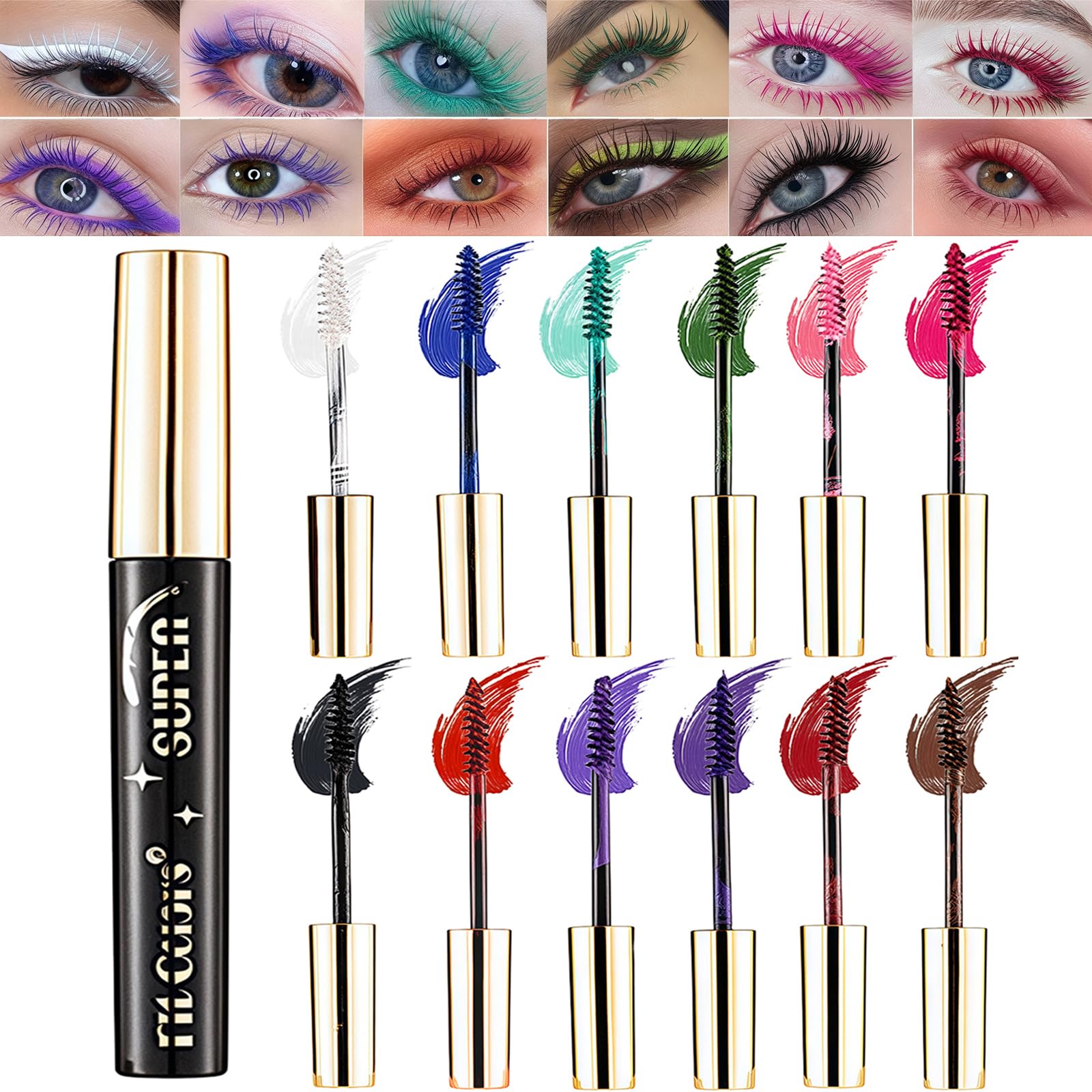 Colored Mascara Sets, 12 Colors Colorful Mascara Set, Red Pink Purple Blue White Black Colorful Mascara Charming Waterproof Smudge-proof 4D Mascara Rainbow Colorful Fiber for Eyelash Eye Makeup