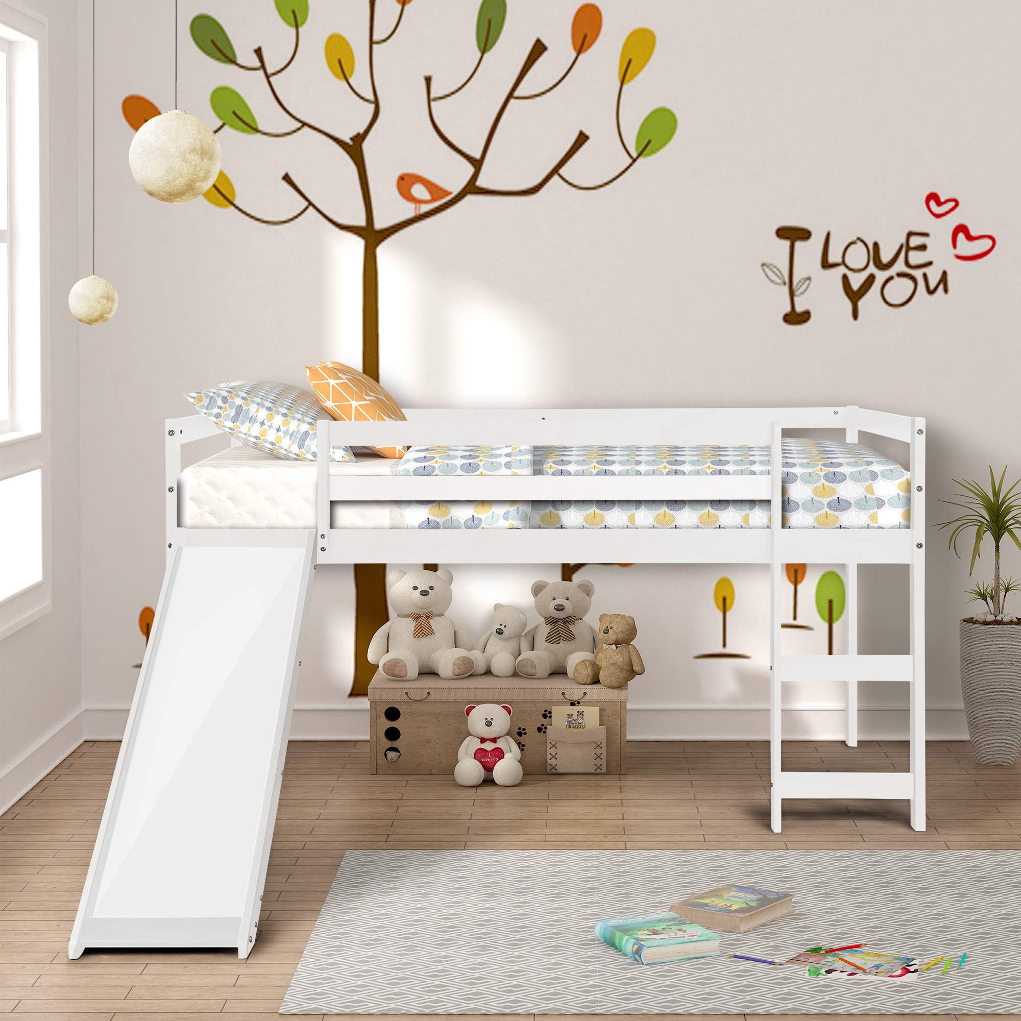 Twin Loft Bed with Slide and Stairs for Kids/Toddlers, WeYoung Wood Low Sturdy Loft Bed, No Box Spring Needed, White