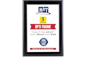 M&T Displays Opti Snap Poster Frame 8.5x11 Inch Black 1" Aluminum Profile Front Loading Wall Mounting Photo Picture Document Certificate Sign Holder Mitered Corner Anti Glare Cover (5 pack)