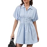 MSBESYOR Women Button Down Pleated Shirt Dress Summer Short Sleeve Blouse Striped Print Corset Mini Dresses