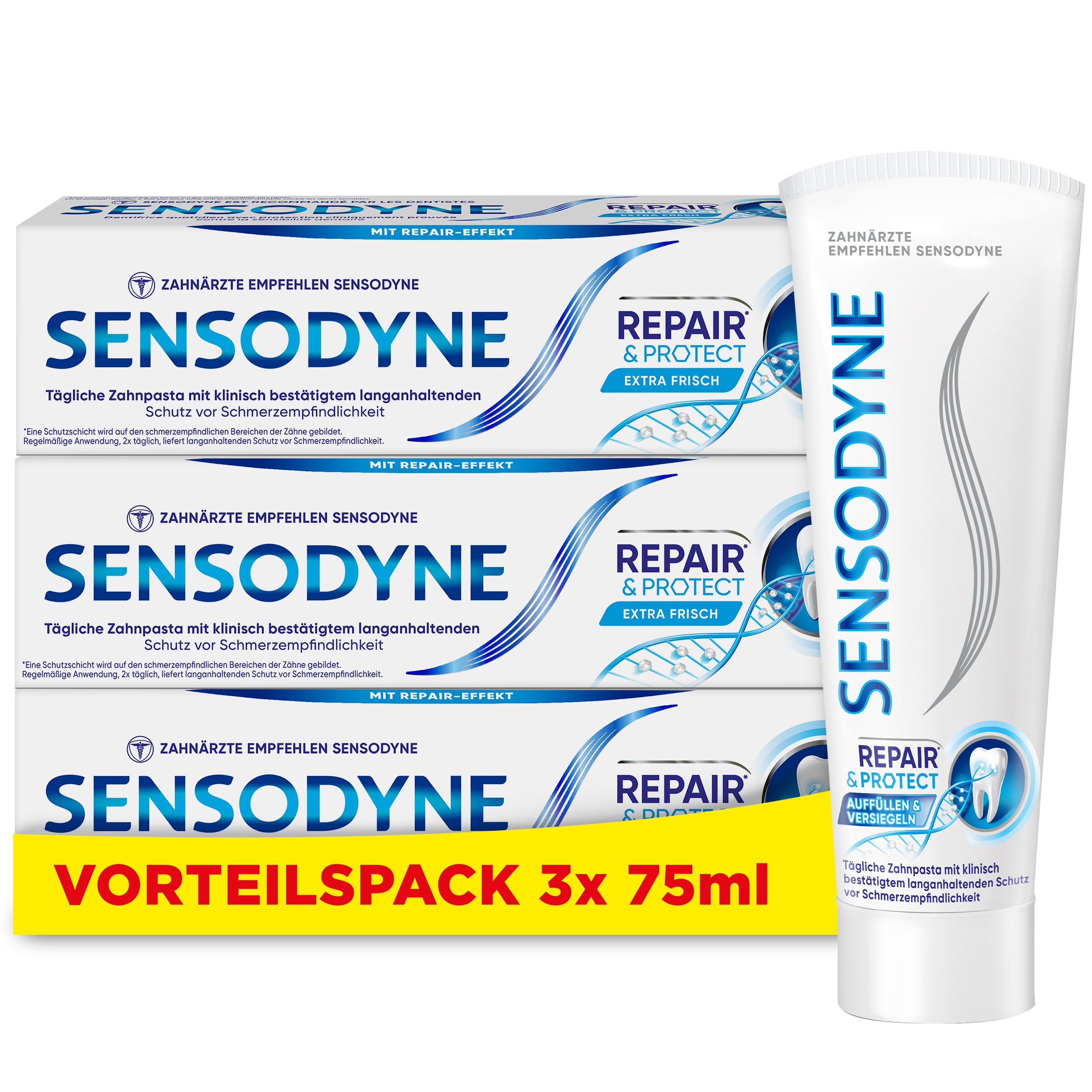 Zahnpasta - Sensodyne Repair* & Protect, tägliche Zahncreme mit Zinnfluorid für schmerzempfindliche Zähne und langanhaltenden Schutz, 3x75 ml