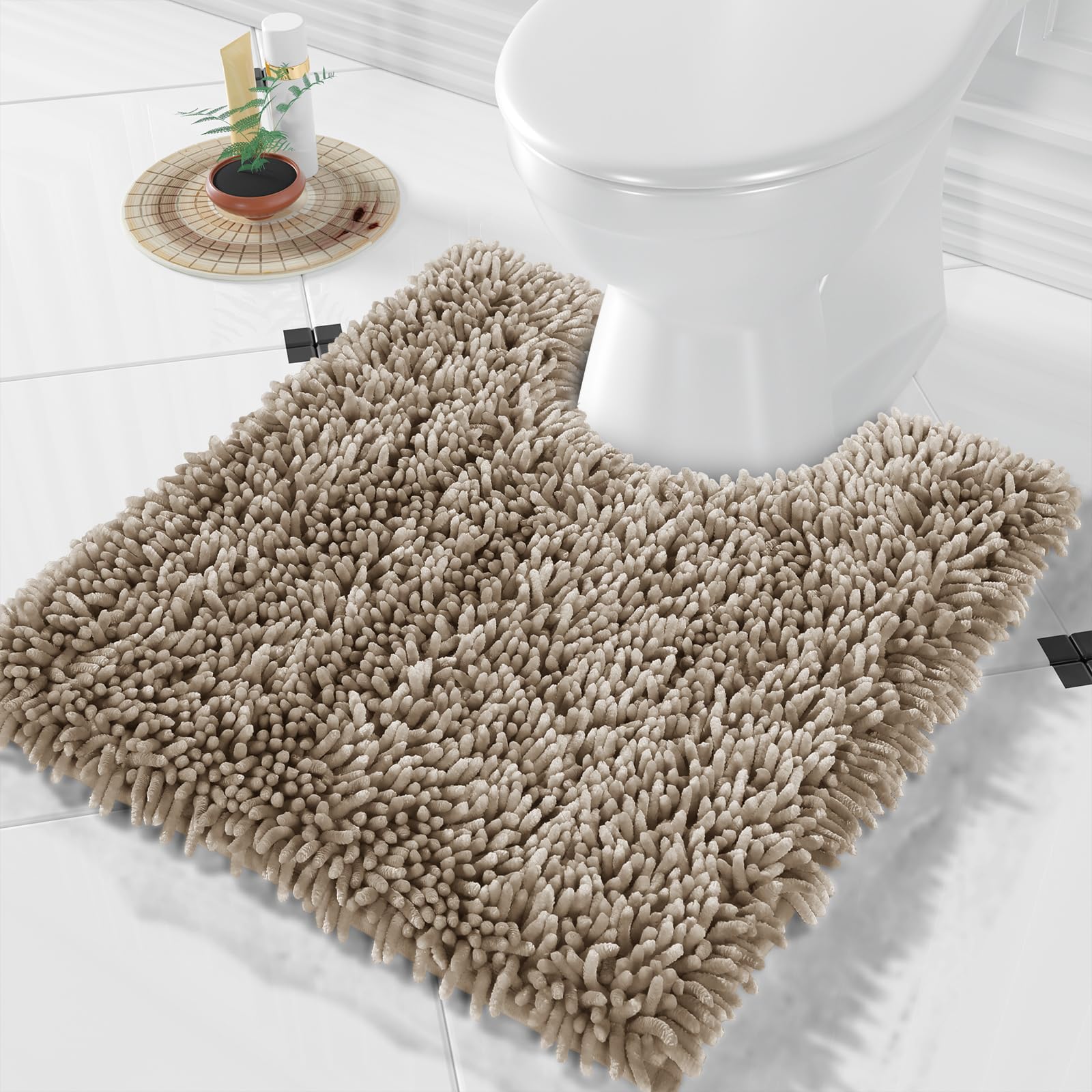 Photo 1 of Yimobra Toilet Rugs U Shaped Washable, Extra Thick Soft Absorbent Chenille Contour Bathroom Rugs for Toilet 24x20 Inch, Quick Dry Non Slip Toilet Mat for Bath Floor, Camel