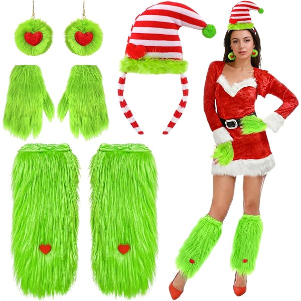 Christmas Green Monster Accessories Set Women\'s Santa Hat Fuzzy Leg Warmers Amazon.com: Knitgrip 3 Pcs Christmas Big Monster Santa  main image 3