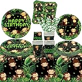 Monkey Party Supplies - Monkey Party Tableware - Dinner Plates Desserts Plates Cups Napkins Tablecover Straws for Wild Jungle Animal Monkey Theme Birthday Supplies, Serves 20