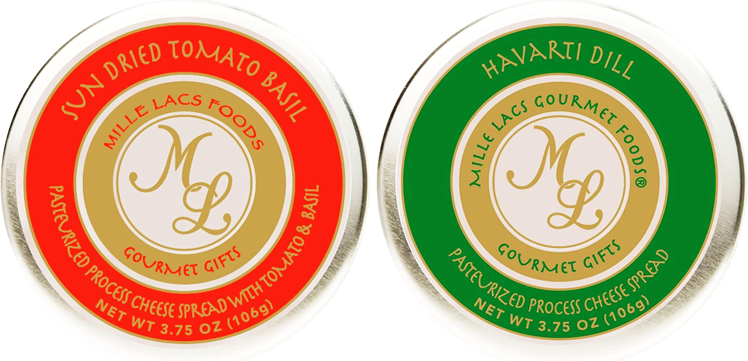 2 Pack Cheese Spread Tins Tomato Basil and Havarti Dill 3.75 Ounces Each Bulk Reception Top Stocking Stuffer Favor Unique Men Golfer Him Teacher Corporate Employee Family Best Holiday Gift Basket Idea