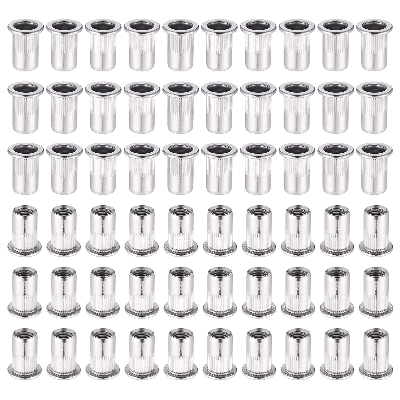 Hejo 60Pcs M6 Rivet Nut, 304 Stainless Steel Rivet Nut Insert Cap Kits, Flat Head Threaded Riveting Nuts Ideal for Automotive Furniture Electrical Industrial