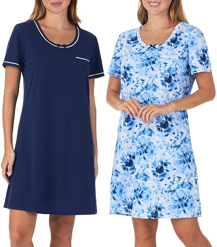 Lands' End Women's Petite Cotton Short Sleeve Knee Length Nightgown X-Small Radiant Navy at Amazon Women's Clothing store