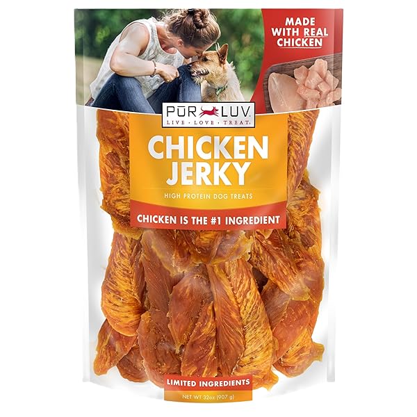 PUR LUV DOG TREATS, CHICKEN JERKY FOR DOGS, MADE WITH 100% REAL CHICKEN BREAST, 32 OUNCES, HEALTHY, EASILY DIGESTIBLE, LONG-LASTING, HIGH PROTEIN DOG TREAT, SATISFIES DOG’S URGE TO CHEW