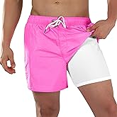 BRISIRA Mens Swim Trunks Neon 5" Bathing Suit Compression Liner Nylon Swim Shorts Beach Swimsuit Swimwear Quick Dry Pockets