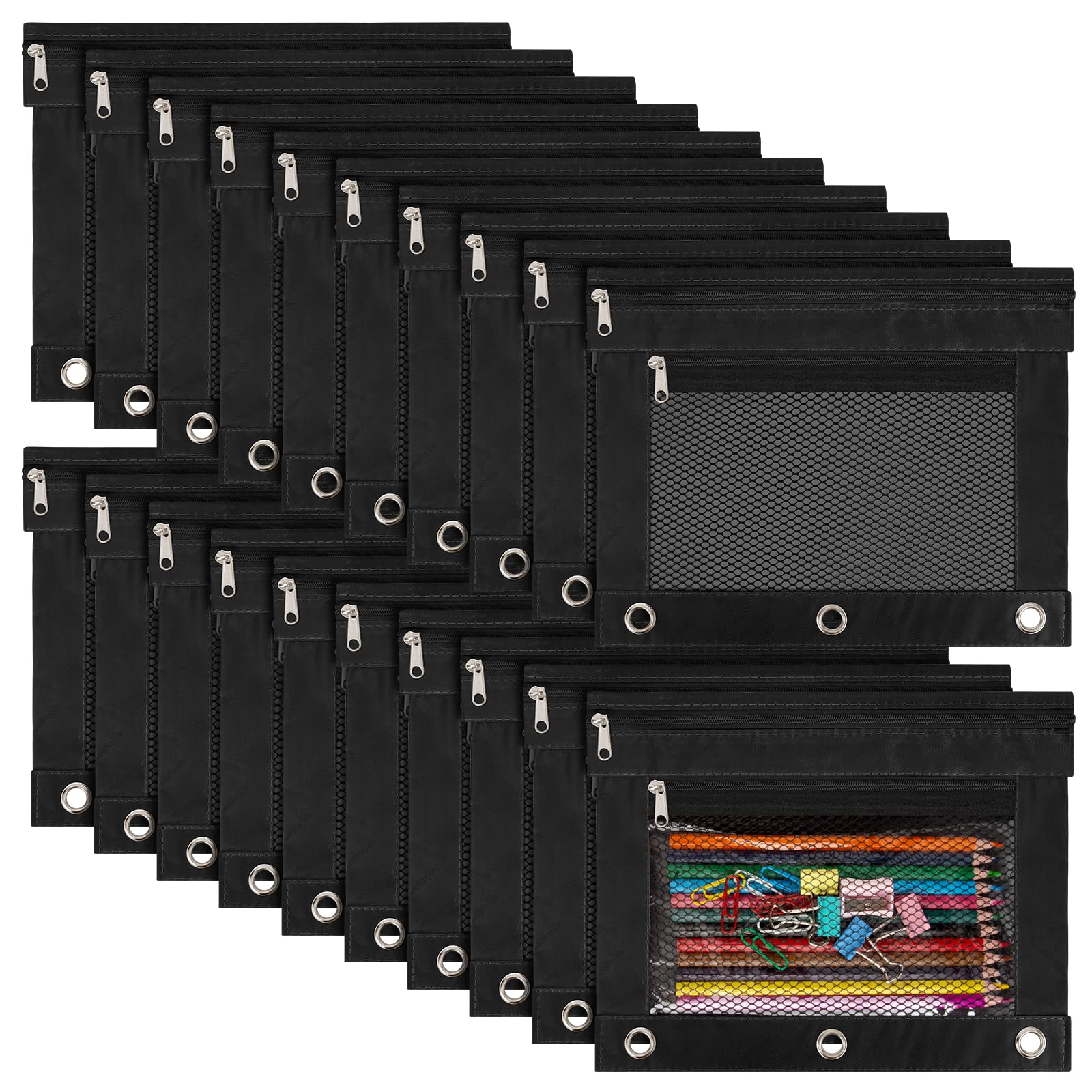 IKAYAS 20 Pack 3 Ring Binder Pencil Pouch Bulk Black Binder Pencil Pouch with Zipper for Classroom Pencil Pouches Box Pencil Case for School Teacher Supplies โ image 1