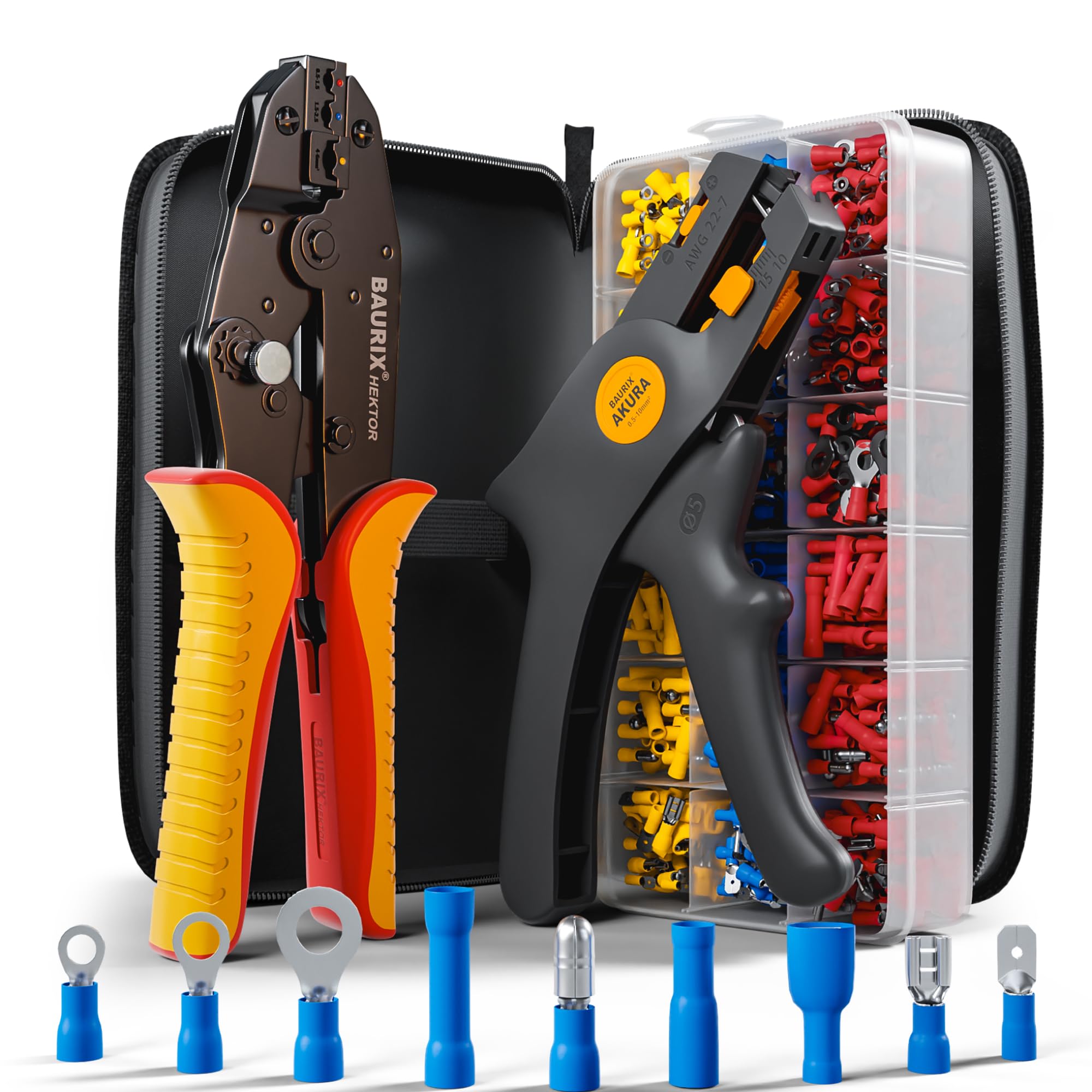 BAURIX® Crimping Pliers Set with 700 Cable Lugs and Wire Stripper - 0.50-6.00 mm² Cable Sleeves