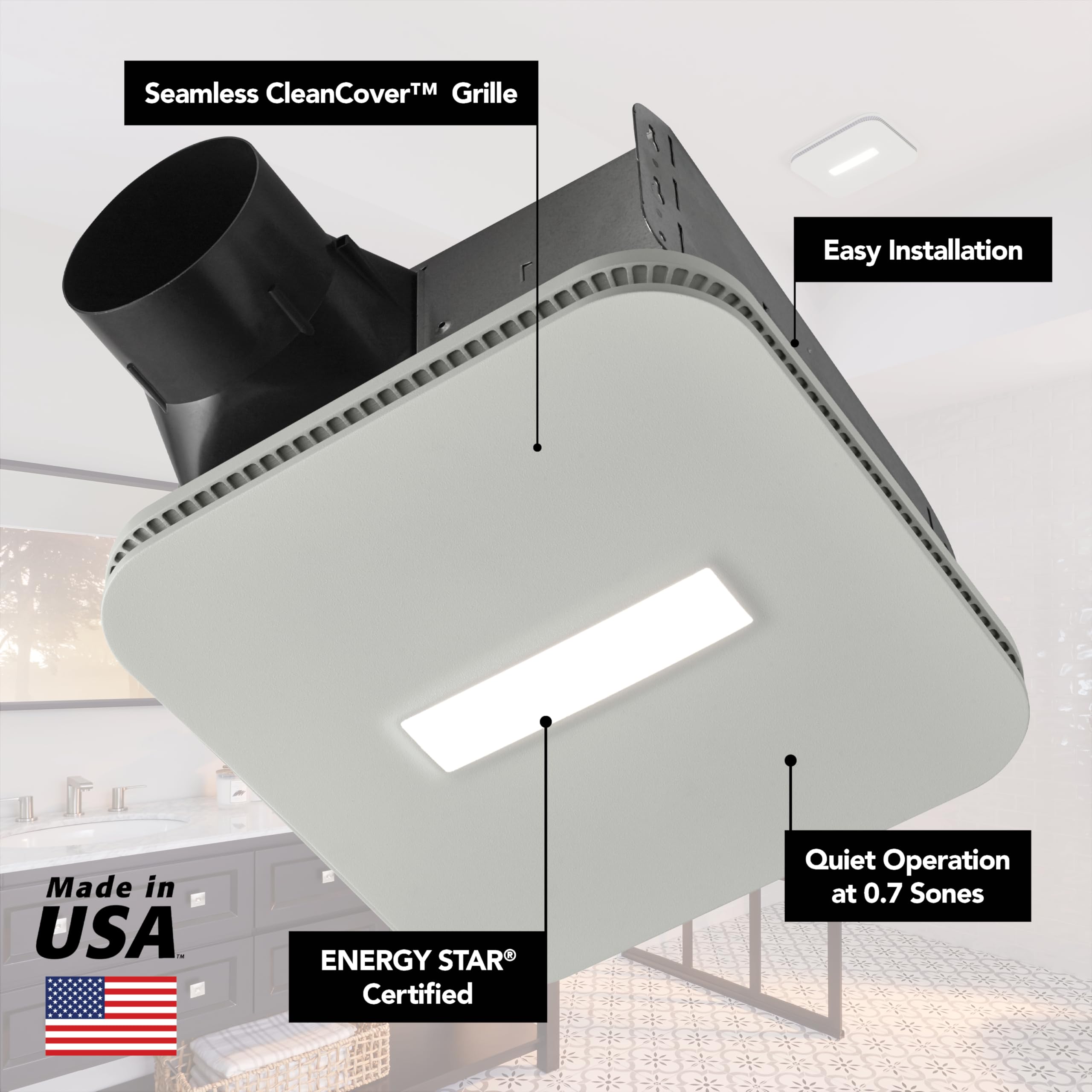 Broan-NuTone AE80LK Ventilation with LED CleanCover and Roomside Installation, ENERGY STAR Certified, 80 CFM, 0.7 Sones, White