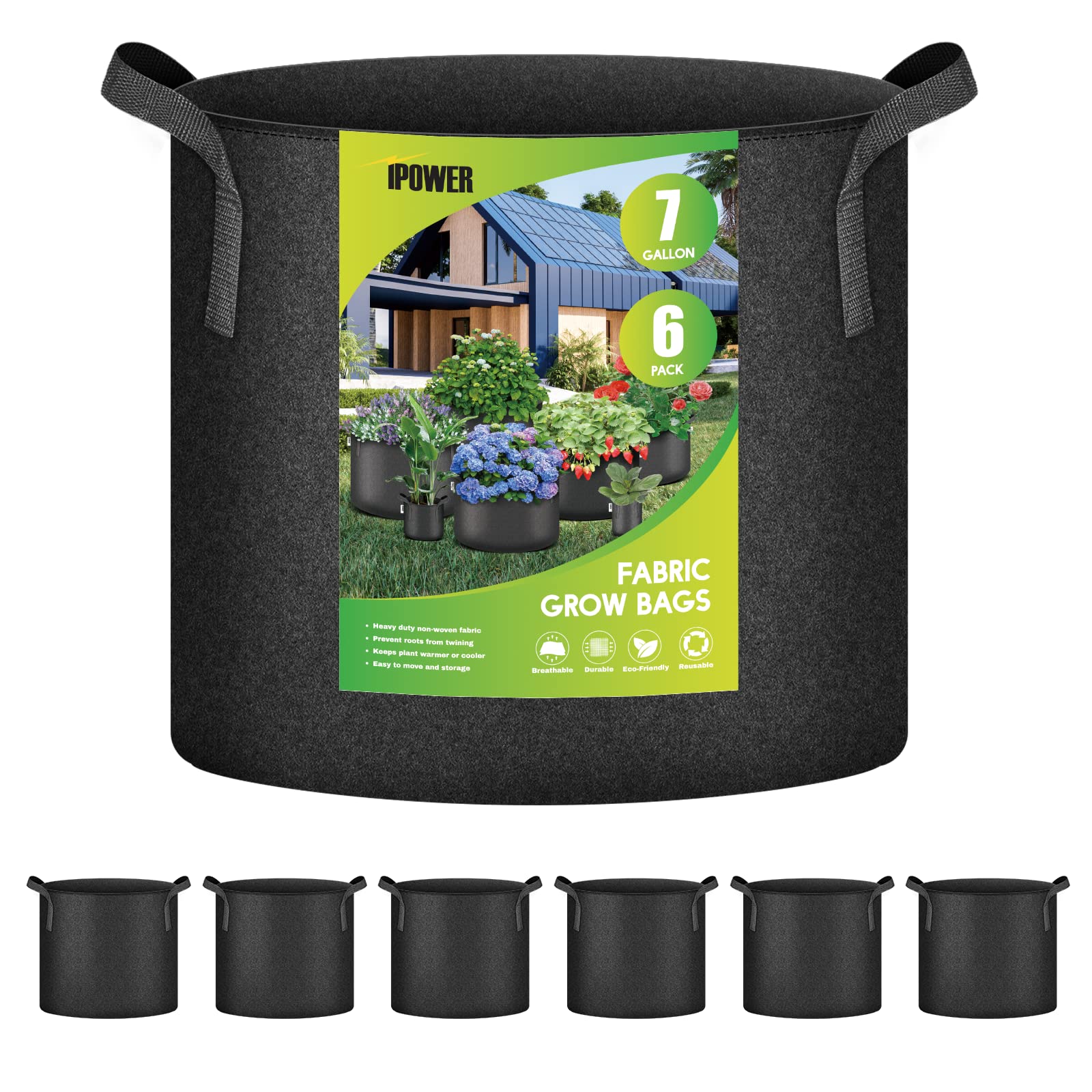 iPower Fabric Containers Aeration with Nylon Handles, for Planting Vegetables, Black, 7 Gallon