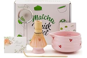 YumiPLUS 5pcs Premium Matcha Set,Ceramic Bowl with Spout and Bamboo Whisk set, Ceremonical Matcha Kit for breakfast/latte,Tea Starter Making Kit,Unique Matcha Gift set (pink love)