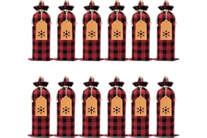 VEYLIN 12Pcs Christmas Wine Bottle Gift Bags with Tags, Buffalo Plaid Wine Bottle Covers for Xmas New Year Wedding