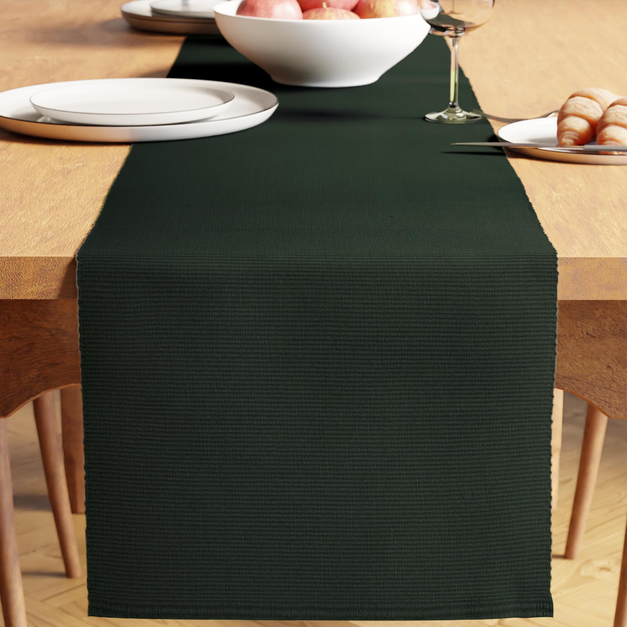 Encasa XO Dining Table Runner 32x200 cm | Yarn Dyed Fine Ribbed Cotton | Dark Green | Machine Washable — image 1