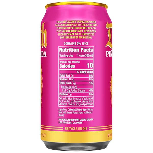 LIQUID DEATH SODA-FLAVORED SPARKLING WATER – PIÑA KILLADA (CLASSIC PIÑA COLADA), LESS SUGAR*, HUGE FLAVOR, NO CAFFEINE, NO ARTIFICIAL SWEETENERS, 12 FL OZ (PACK OF 12)