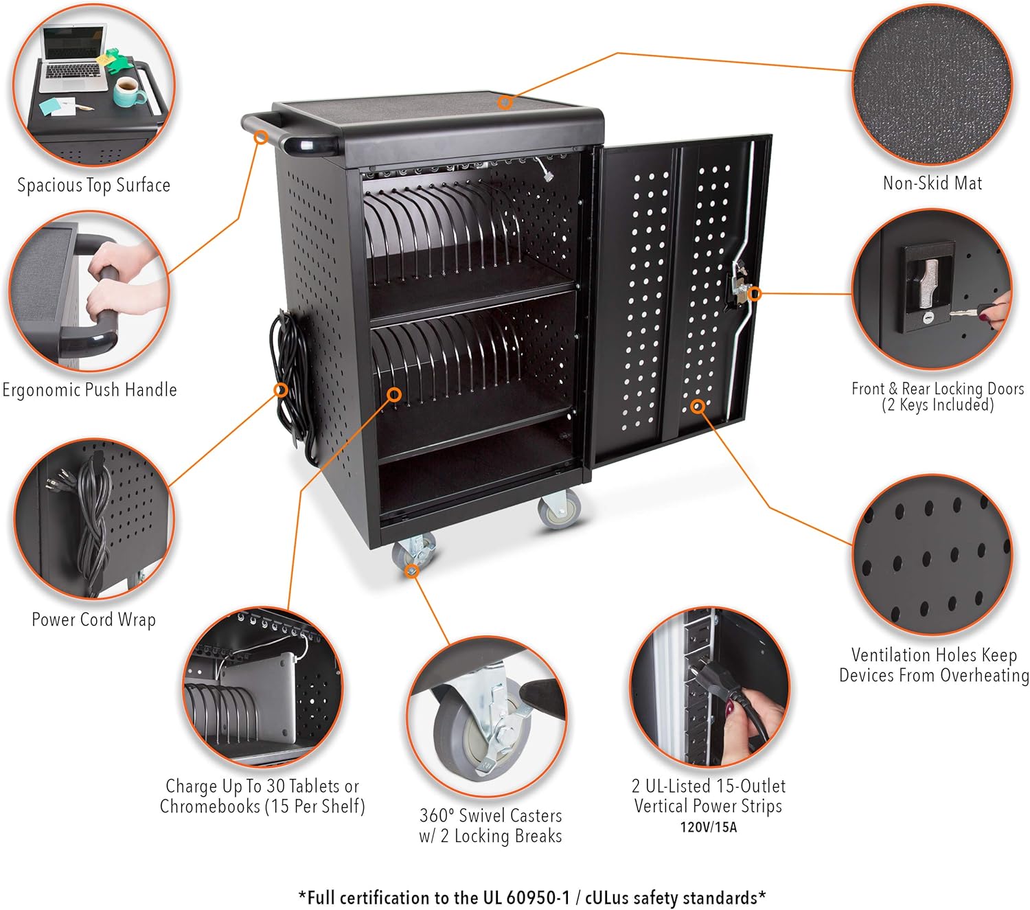 Line Leader 30 Unit Compact Mobile Charging & Storage Cart | Locking Cabinet Holds 30 Tablets, Laptops or Chromebooks | Mobile Lab w/Two 15-Outlet Power Strips | Great for School, Classroom & Library: Home & Kitchen
