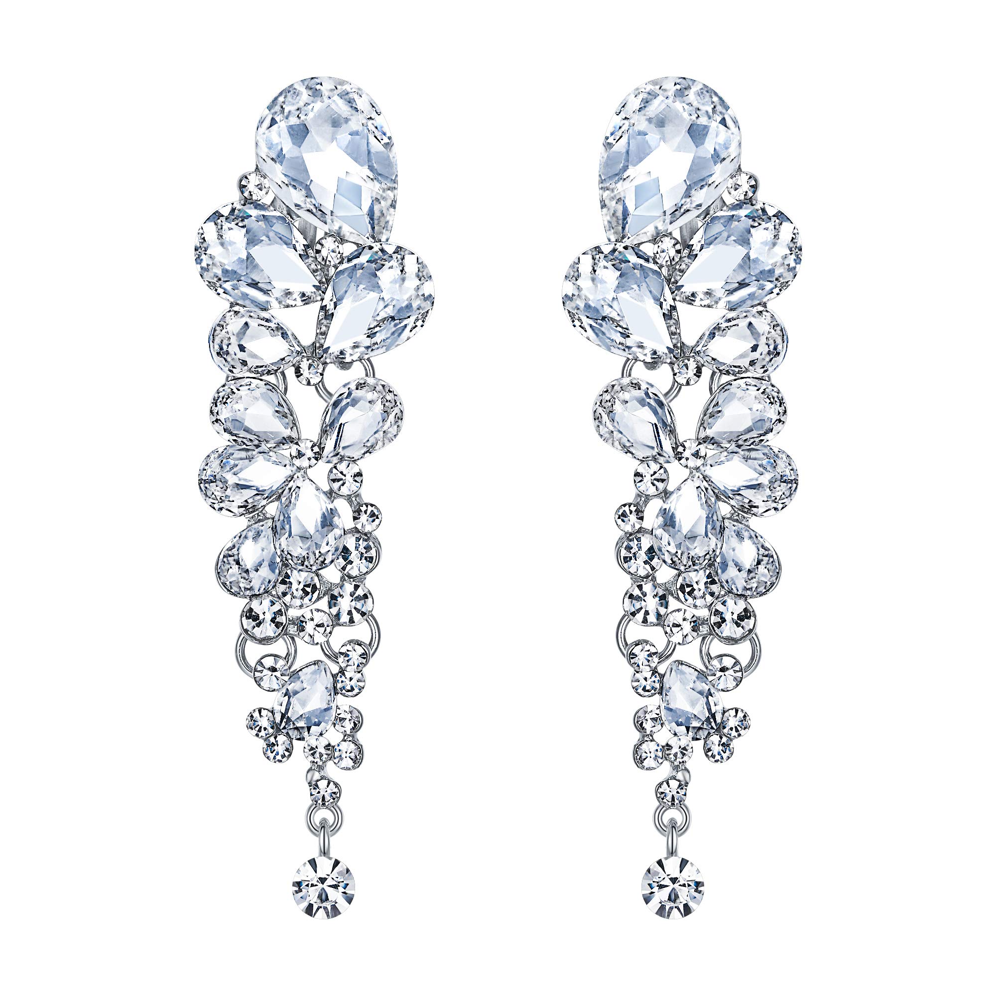 EVER FAITH Bridal Clip-on Earrings for Women, Sparkly Rhinestone Crystal Teardrop Clip Earring Non Piercing Earring for Non Pierced Ears Wedding Jewellery for Brides Bridesmaid Clear Silver-Tone