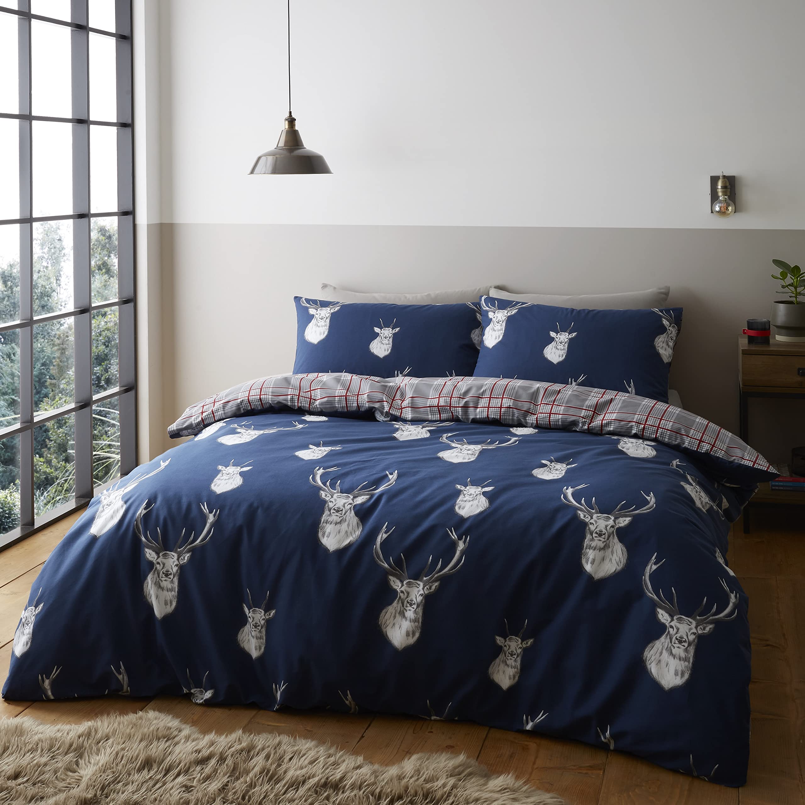 Catherine Lansfield Monro Stag Check Navy Duvet Cover Set 160 x 200 + 50 x 80 cm