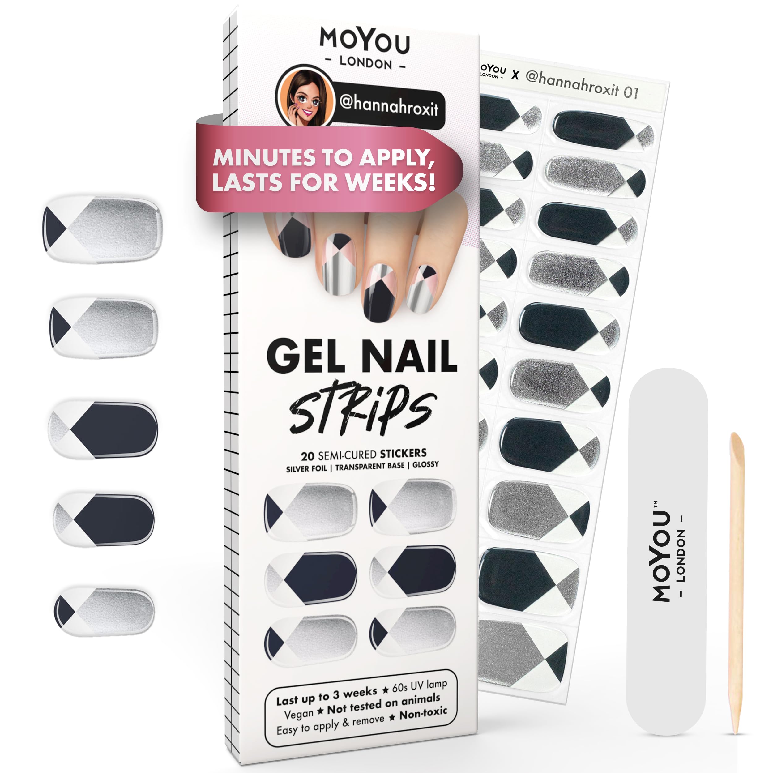 MOYOU LONDON Semi Cured Gel Nail Strips - 20 Pcs. Waterproof Gel Nail Wraps, Cures in Sunlight or UV/LED Lamp, Lasts Up to 2+ Weeks, Stretchable, Easy to Apply & Remove, Vegan & Cruelty-Free