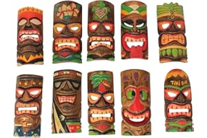 ZECKOS Set of 10 Hand-Carved Wood Polynesian Design Hawaiian Tiki Wall Hanging Masks - Exquisite 10-Inch High Masks for Vibrant Tropical Decor - Easy to Hang - Bright Colors