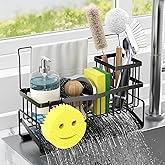 Adurei Sponge Holder for Kitchen Sink 304 Stainless Steel Self-Draining Sink Caddy with Smiley Face Sponge and Brush Holder Towel Bar and Divider Kitchen Gadgets Organizer for Countertop, Black