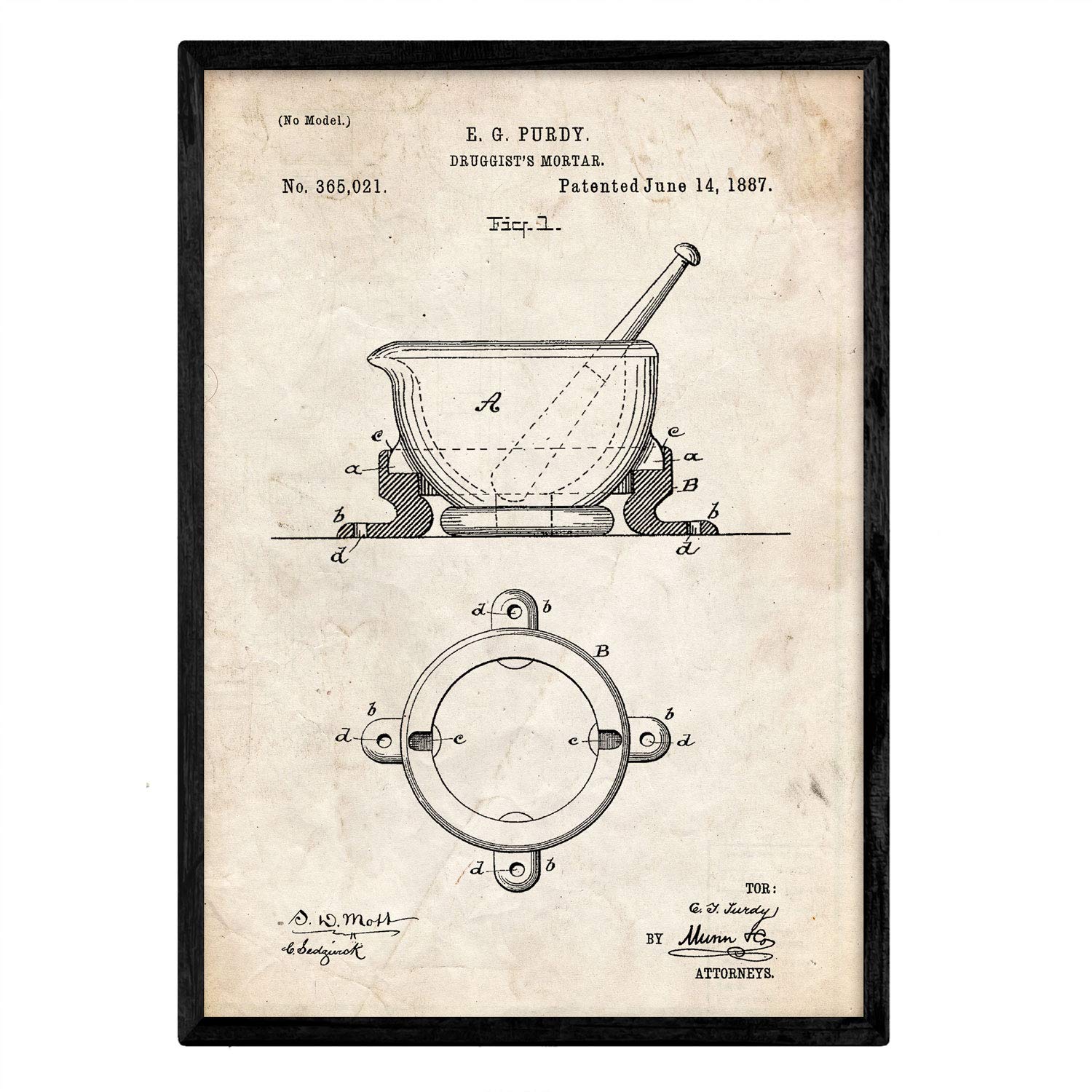 Nacnic Poster patent pharmacy mortar. Sheet with old design patent in A3 size and vintage background