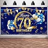 Happy 70th Birthday Banner Decorations for Men, Blue Gold 70 Birthday Backdrop Party Supplies, 70 Year Old Birthday Photo Background Sign