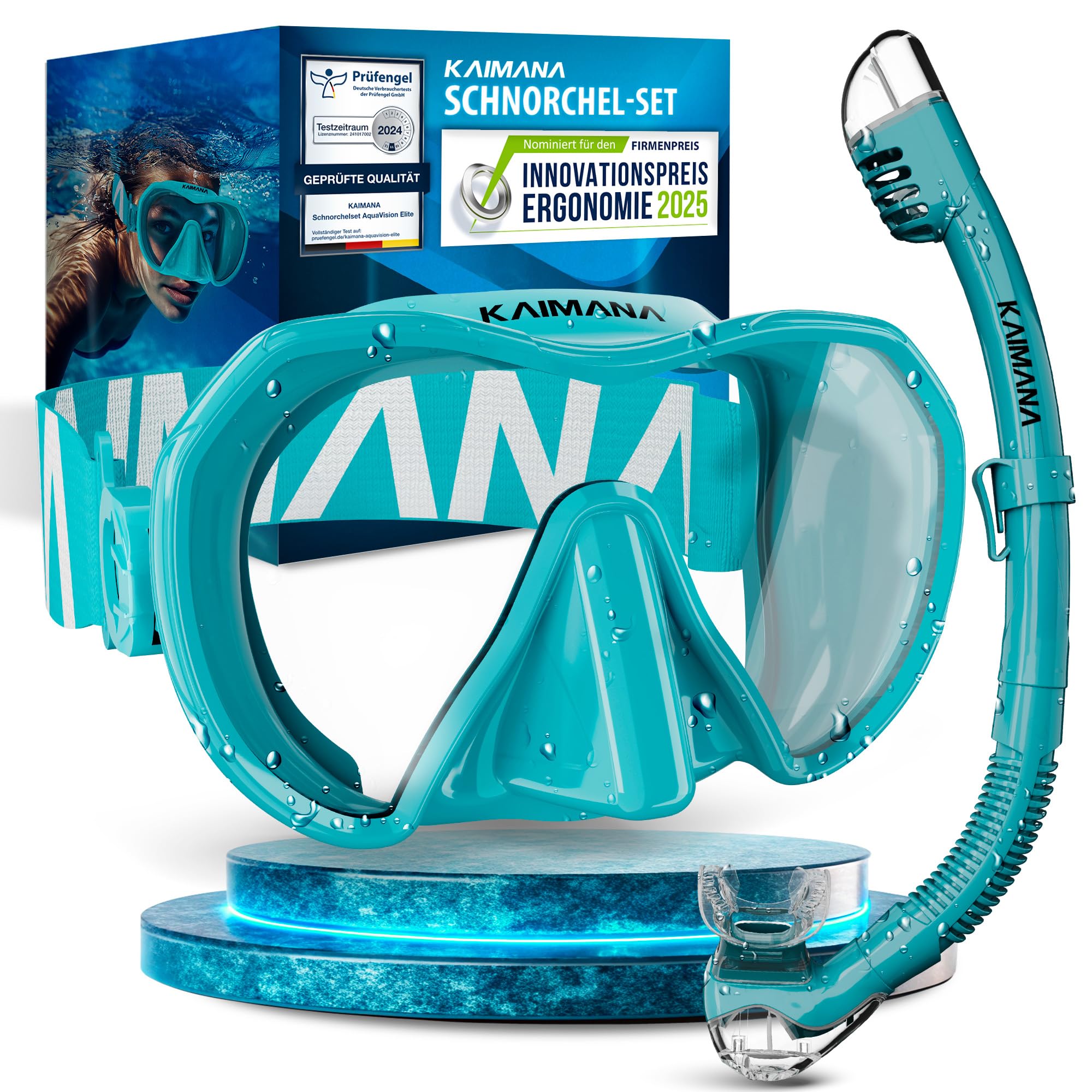 Das Neue KAIMANA® AquaVision Prolite Schnorchelset für Erwachsene inkl. Tragetasche, Bequeme Taucherbrille Erwachsene, Alternative zur Schnorchelmaske, Taucherbrille mit Stoffband/Silikonstrap