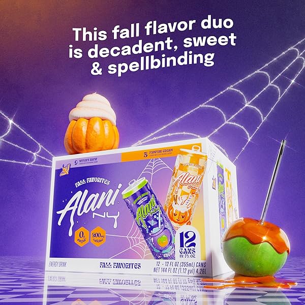 ALANI NU VARIETY PACK – WITCH’S BREW & PUMPKIN CREAM SUGAR FREE, LOW CALORIE ENERGY DRINKS, 200MG CAFFEINE, ANTIOXIDANTS, BIOTIN B VITAMINS, ZERO SUGAR, 15 CALORIES OR LESS, 12 FL OZ CANS (12 PACK)