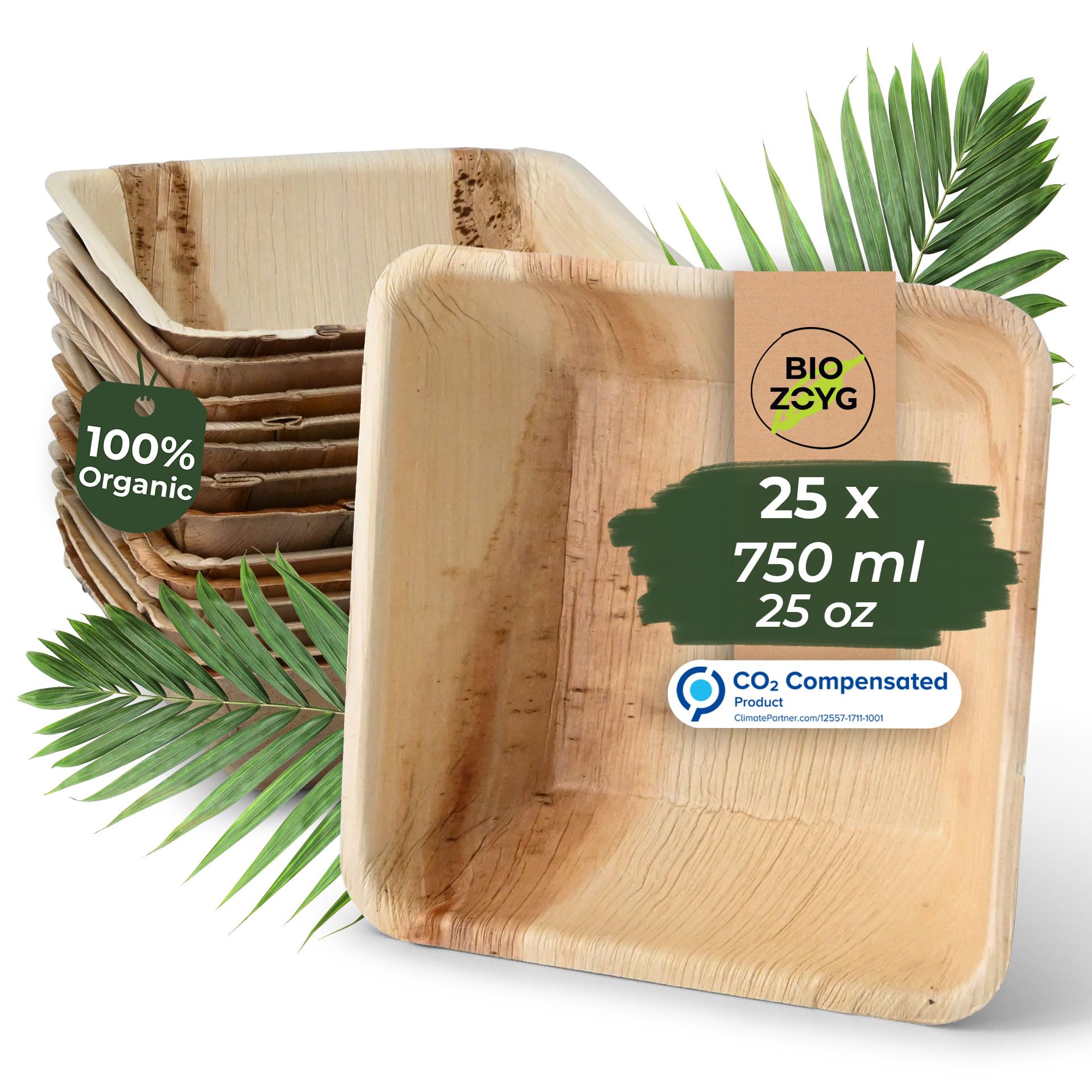 BIOZOYG 25x Palm Leaf Bowl 750 ml 18 cm Square - Disposable Soup Plate, Compostable Salad Bowl Palm Leaf Bowl - Disposable Bowl Sustainable Partyware