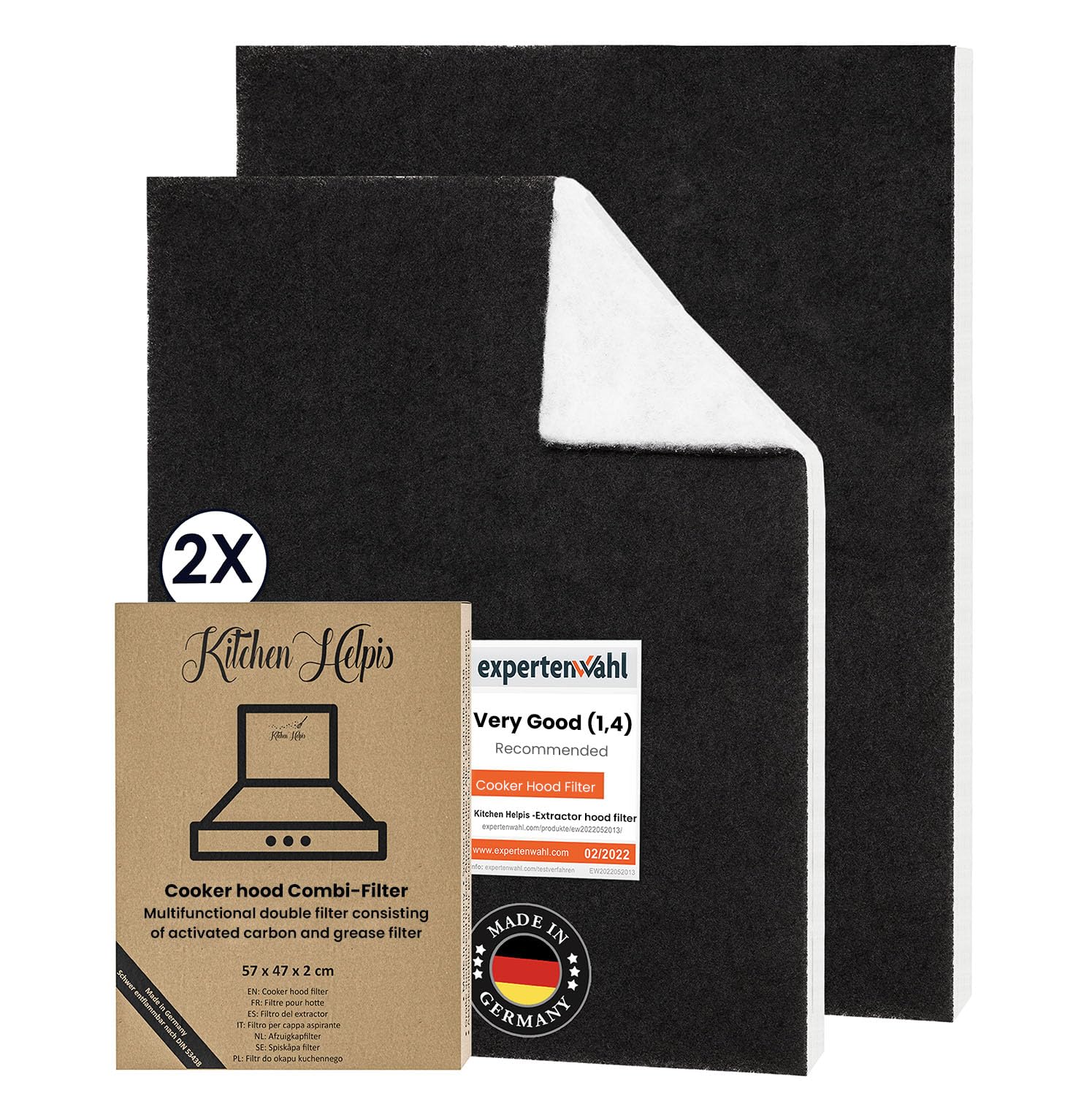 Kitchen Helpis® 2x Cooker Hood Filter, Combination filter: Grease and carbon filter for cooker hood 22.4 x 21.3 in, Anti-Grease and Anti-Odour Filter for Hoods, Extractor Fan Filter