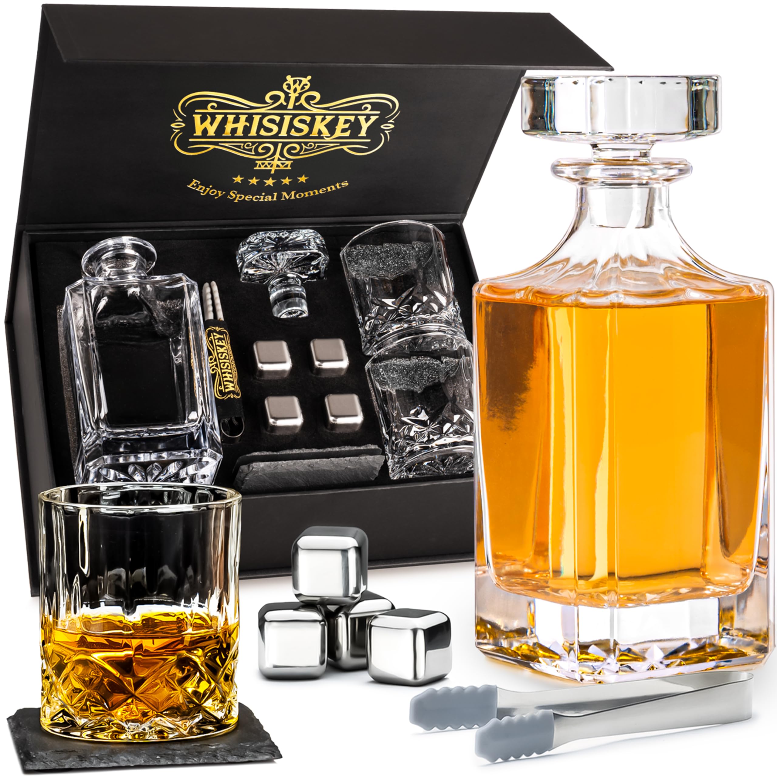 WHISISKEY - Whiskey Decanter Set - 700ML Classic Carafe - Whiskey Gift Sets for Men - Whisky Set - Glass Gifts for Men - Inc. 2 Whiskey Glasses, 4 Whiskey Stones, Accessories