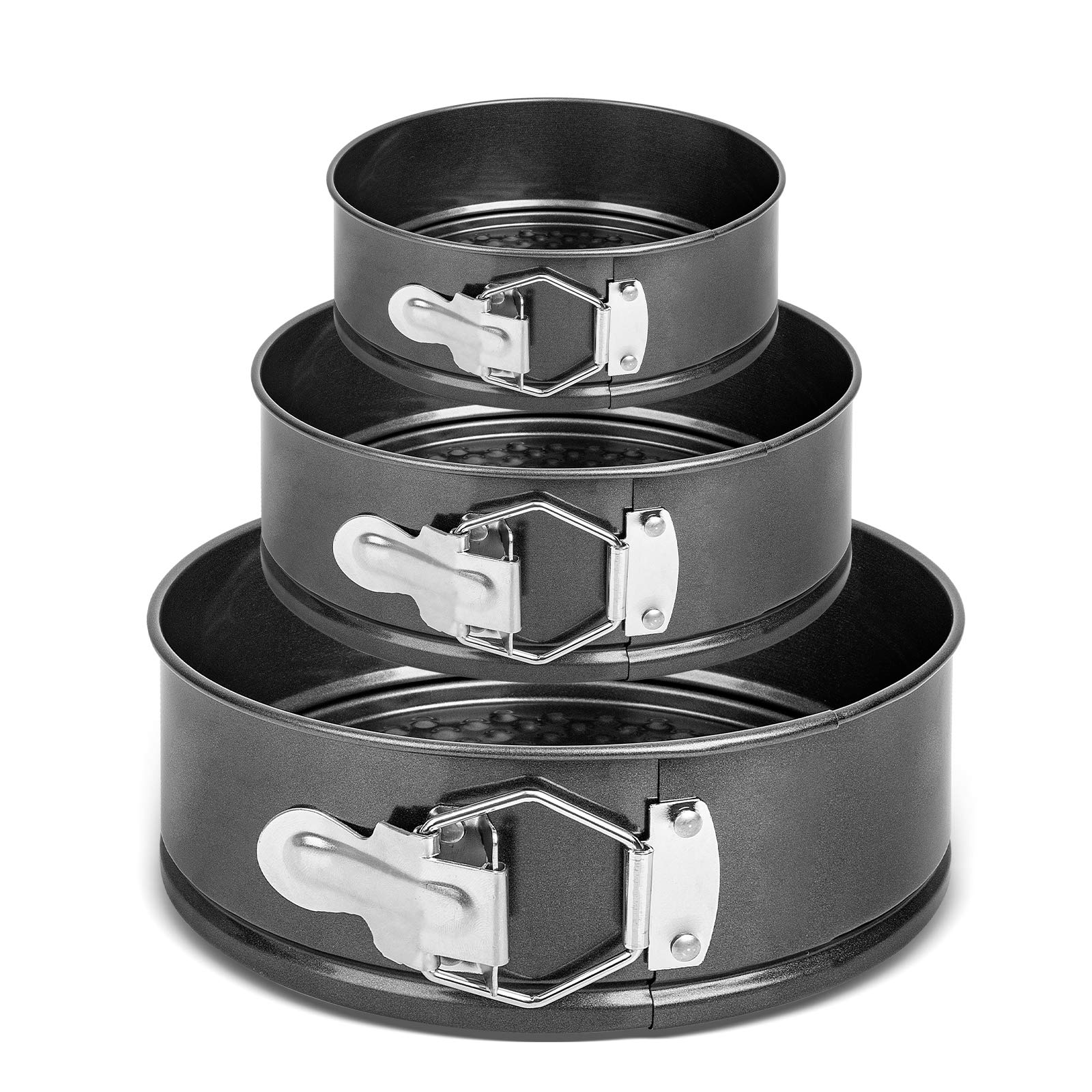 ARVINKEY Cake Tins Set, Nonstick & Leakproof Set of 3 (7"/8"/9") Round Baking Tins Set, Quick Release Springform Baking Tray with Detachable Loose Base for cheesecakes and sponges, Black