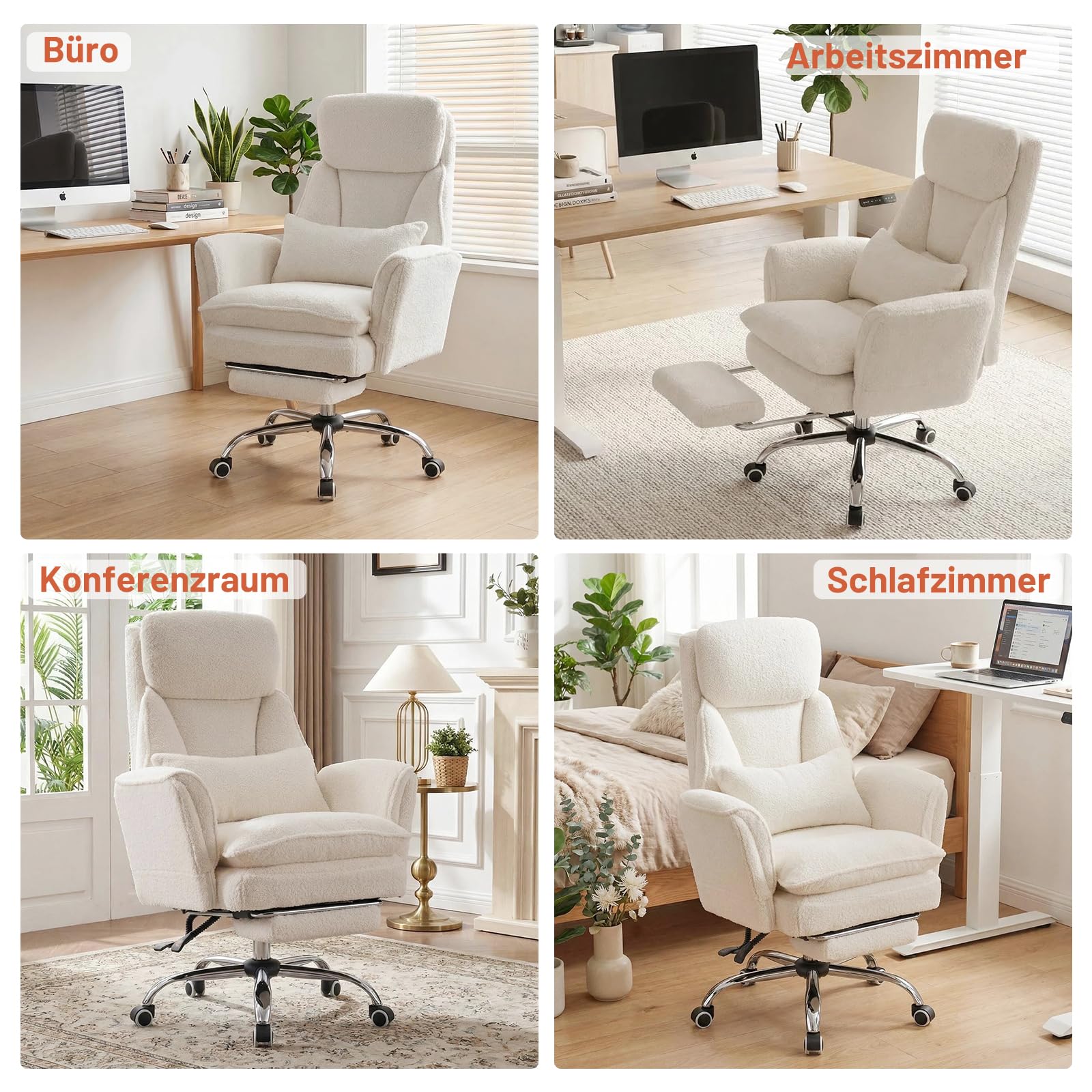 Ckaff Bürostuhl Chefsessel Ergonomisch, Gaming Stuhl mit 5-Stufig Verstellbare Armlehnen & Fußstütze, Schreibtischstuhl mit Verstellbarer Rückenlehne & Lendenwirbelstütze aus Teddy Stoff, Weiß 3